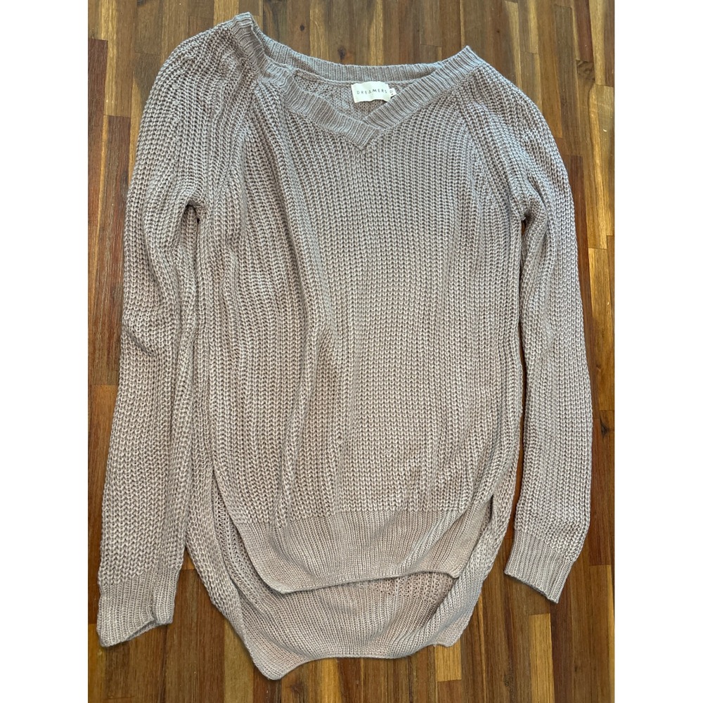 Dreamers V-Neck Sweater Womens Medium Taupe Excellent High Low Shaker Knit